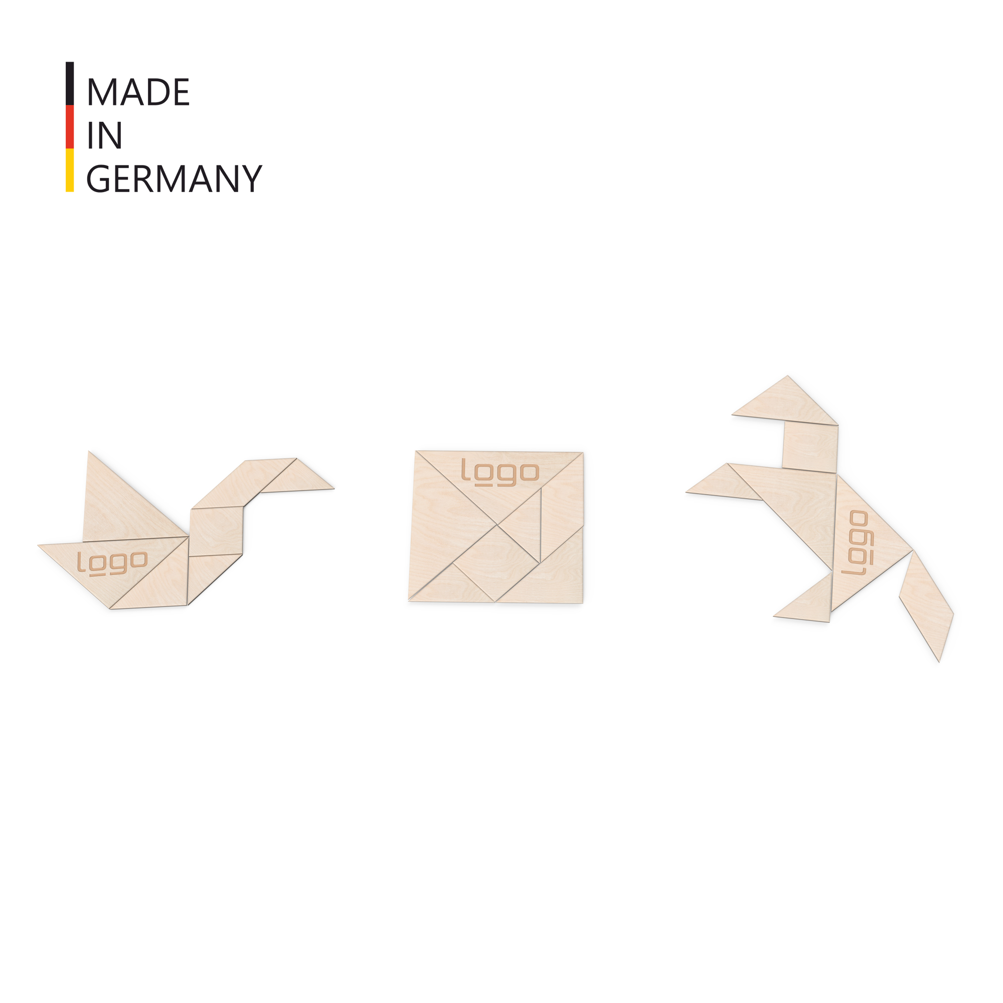 Tangram-Puzzle aus FSC-zertifiziertem Birkenholz drei Figuren