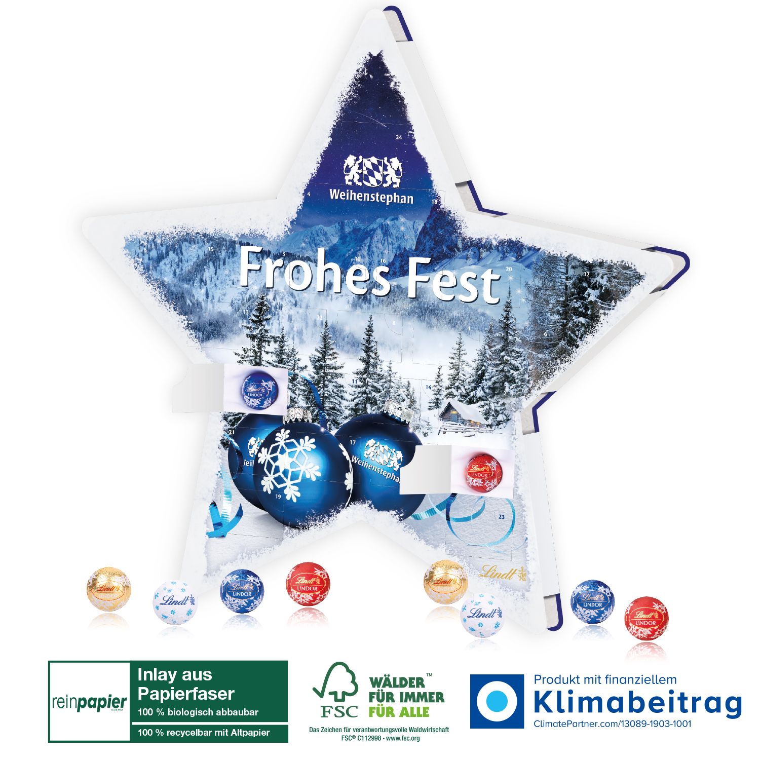 Biologisch abbaubarer Adventskalender in Sternform mit Werbedruck.