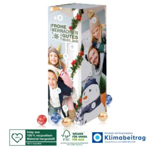 Biologisch abbaubarer Adventskalender Turm mit Werbeaufdruck.