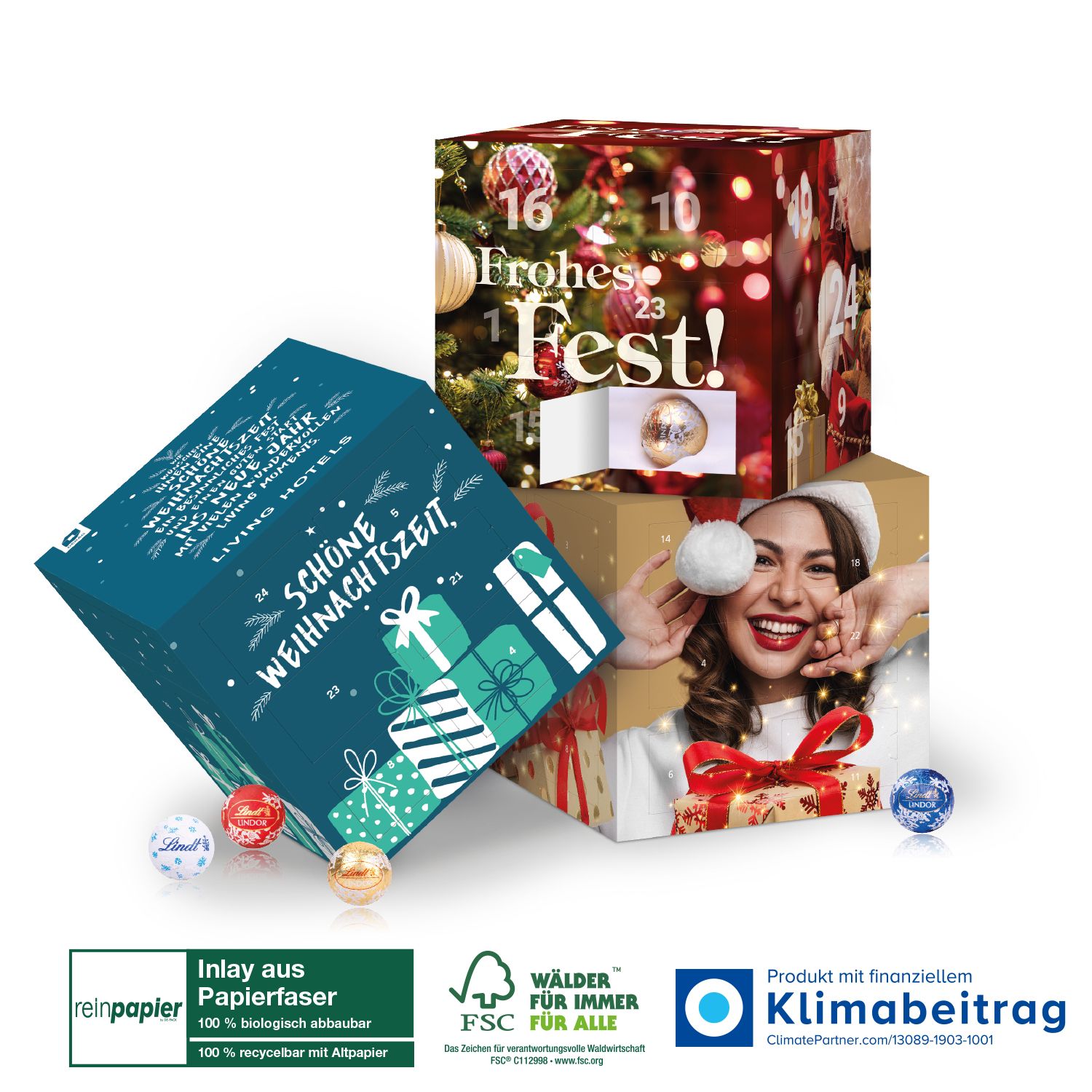Kompostierbarer Adventskalender in Würfelform mit Werbeaufdruck.