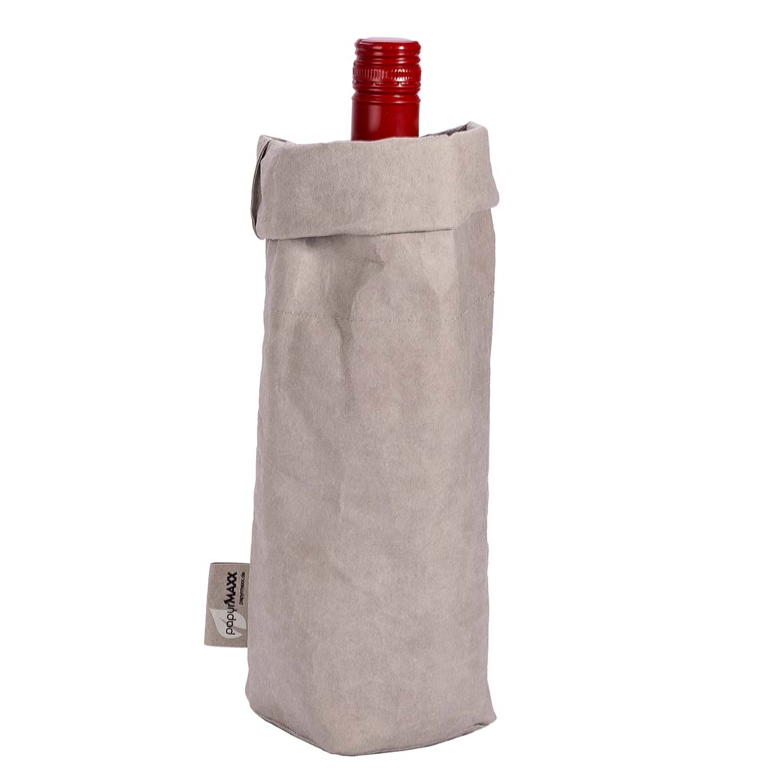 Flaschenverpackung aus veganem Leder Farbe Natur mit Weinflasche.