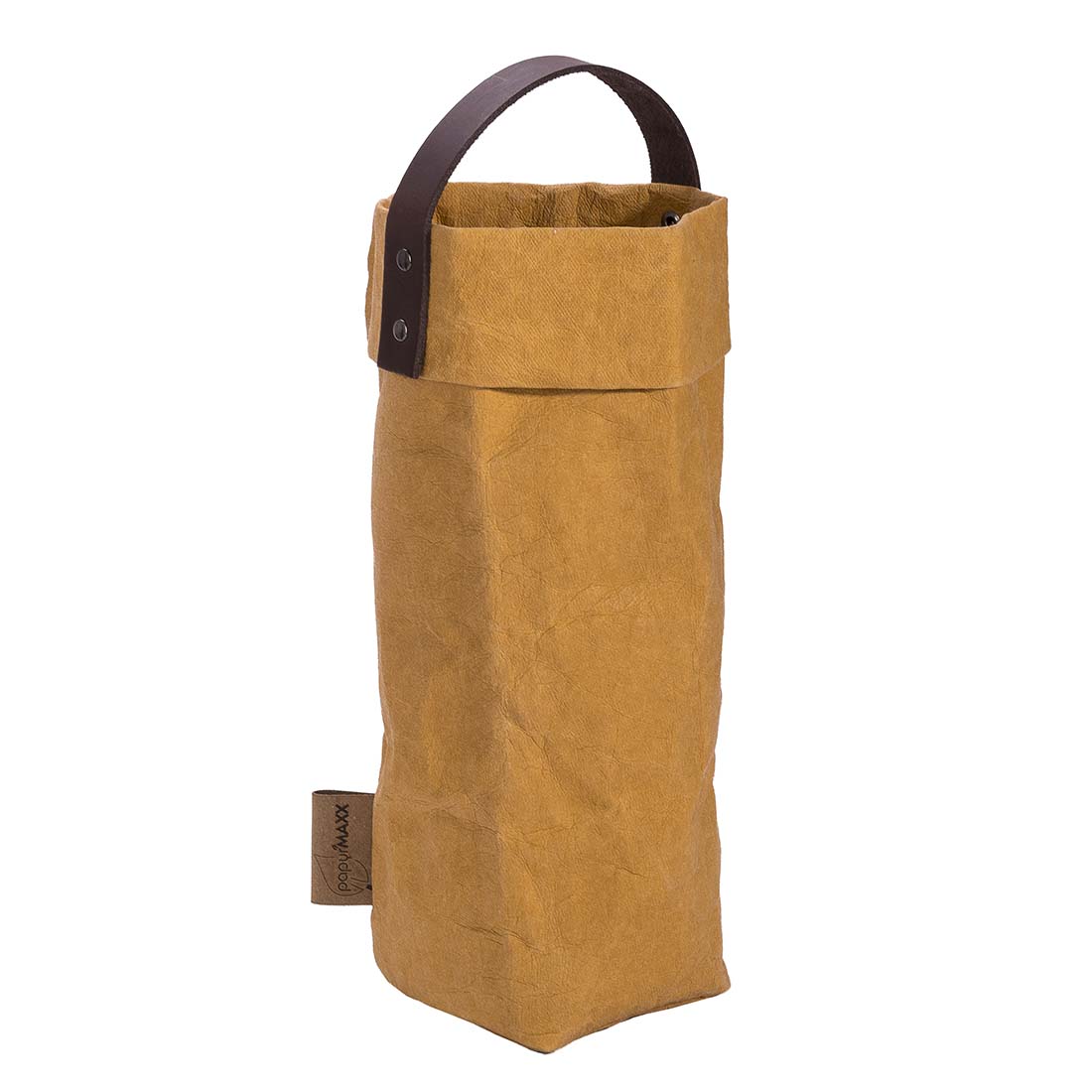 Dunkelgelbe Flaschenverpackung aus veganem Leder und Tragegriff.