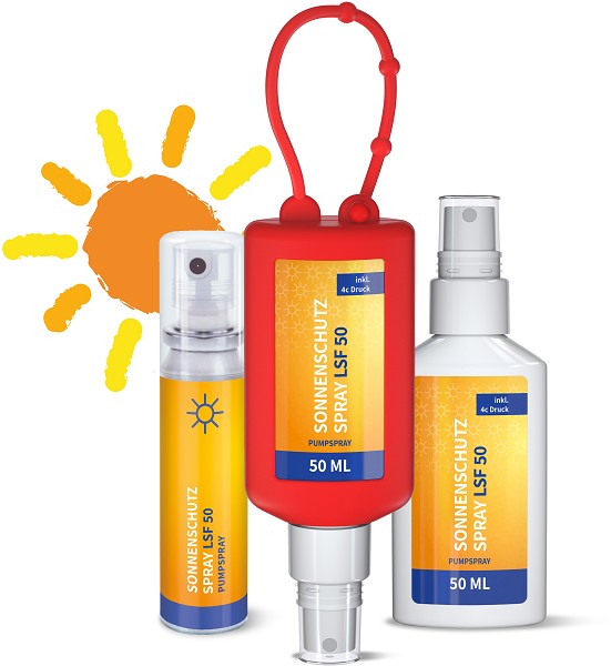 Sonnenschutz-Spray mit hohem Lichtschutzfaktor und Werbeaufkleber