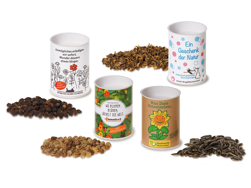 Nachhaltige plastikfreie Dosen, befüllt mit verschiedene Samen