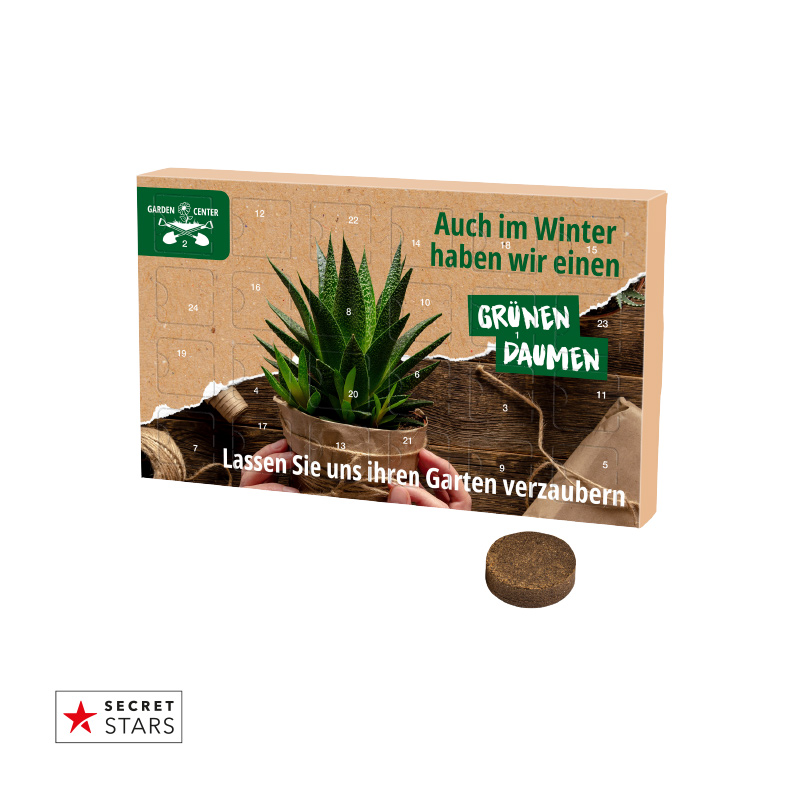 Adventkalender mit Pflanzensamen und Werbeaufdruck.