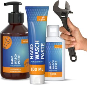 Nachhaltige Handwaschpaste in verschiedenen Verpackungsgrößen mit Werbeaufkleber