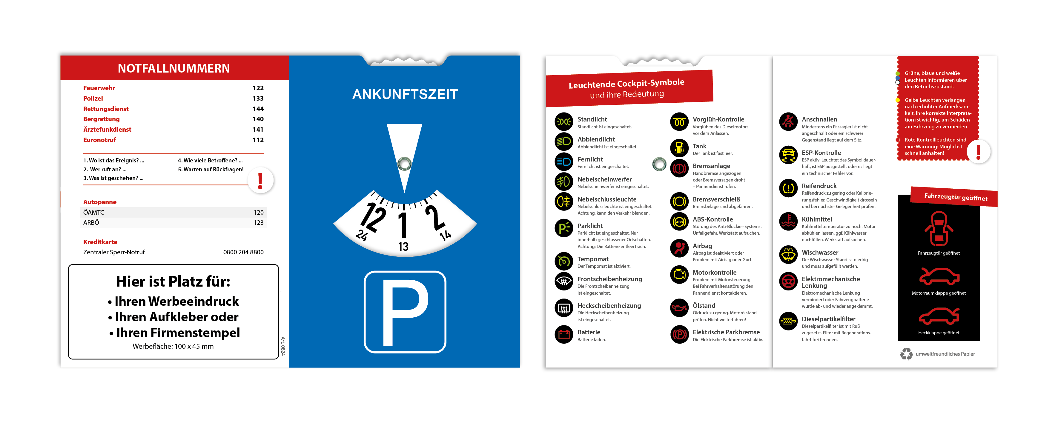 Parkuhr mit Cockpit-Symbolen und Notruf-Nummern.