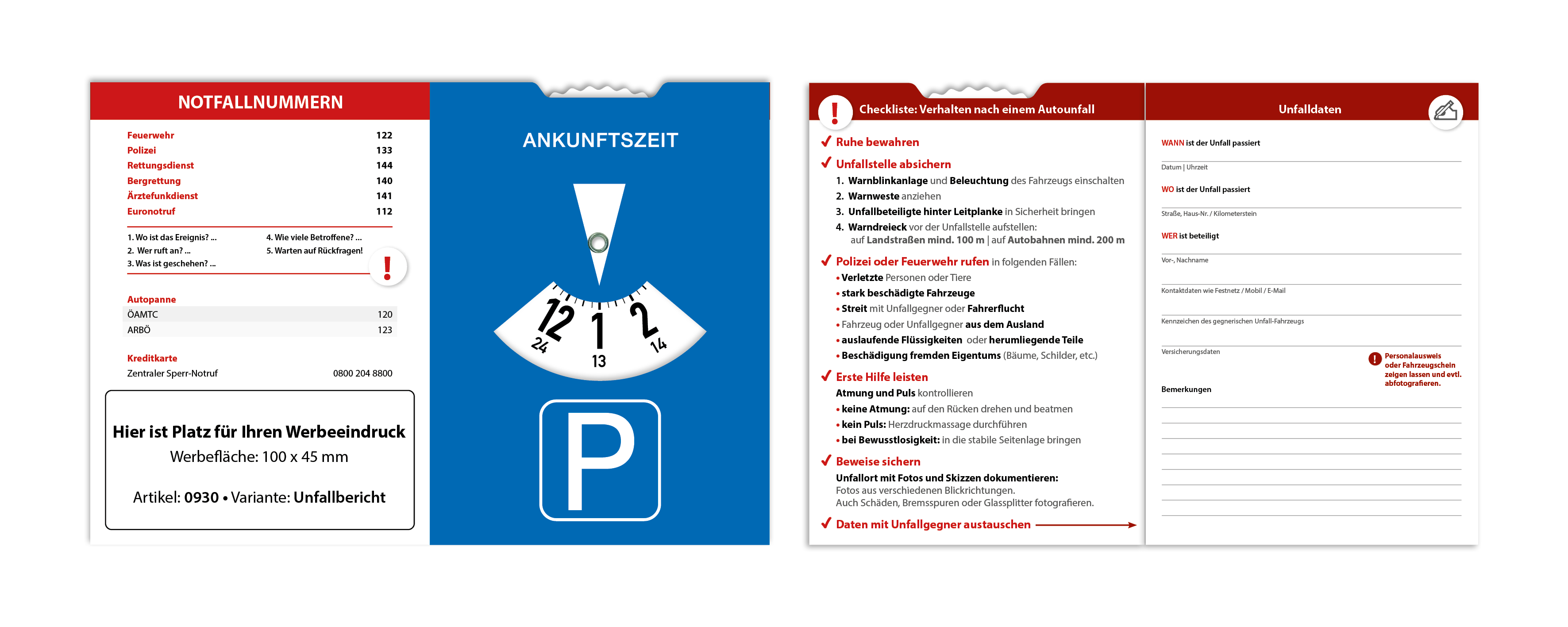 Parkscheibe mit integriertem Unfallbericht auf den Innenseiten.