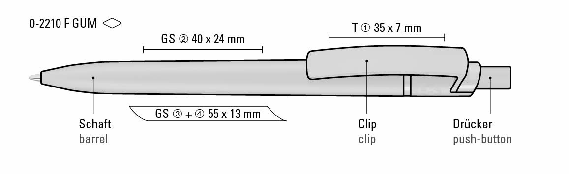 Standskizze vom matten Kugelschreiber mit gummierter Oberfläche mit Abmessungen Werbeanbringung.