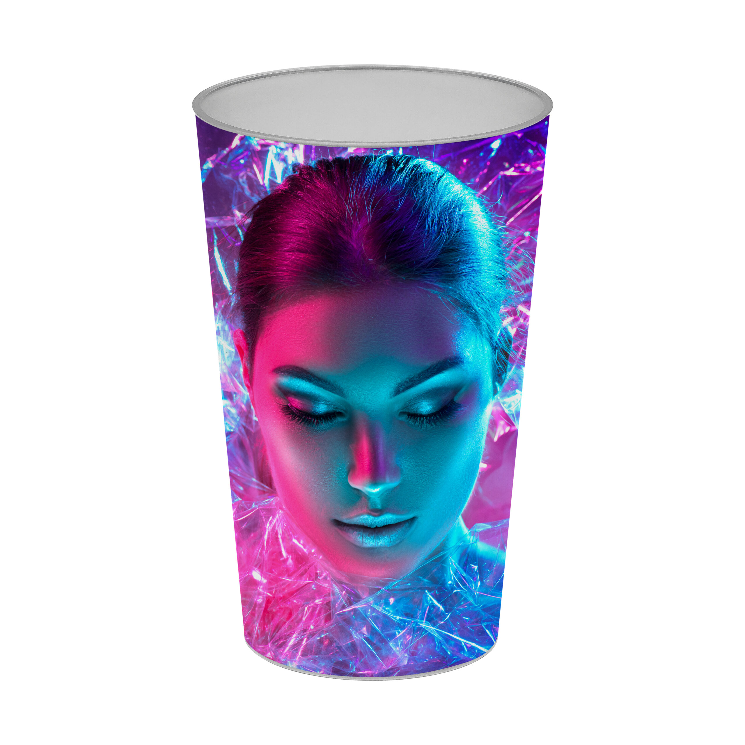 Recyclingfähiger Trinkbecher mit Fotomotiv.