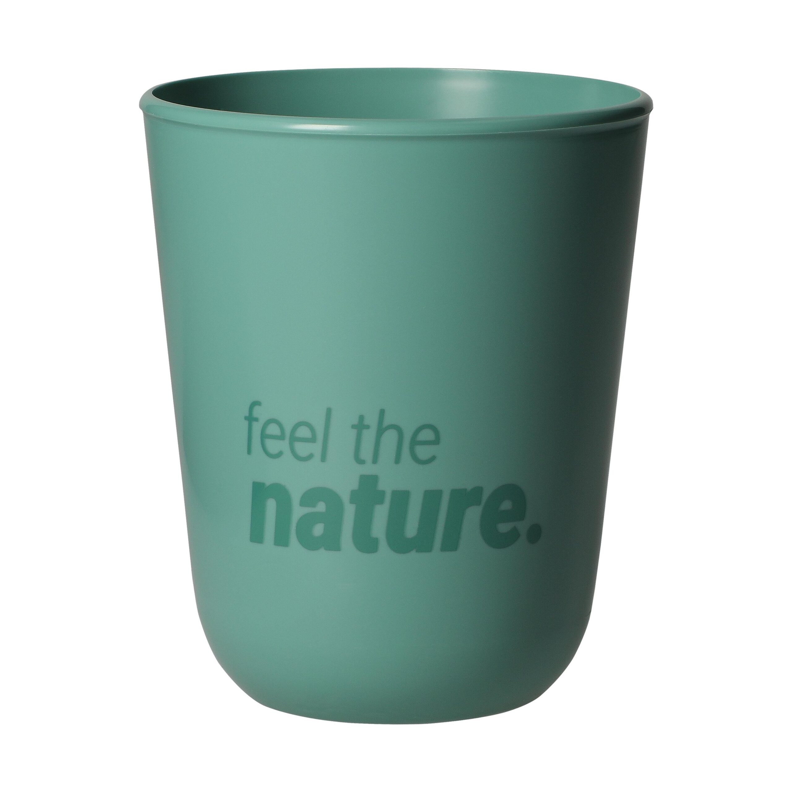 Grüner Trinkbecher aus Bio-Kunststoff mit Werbeaufdruck.