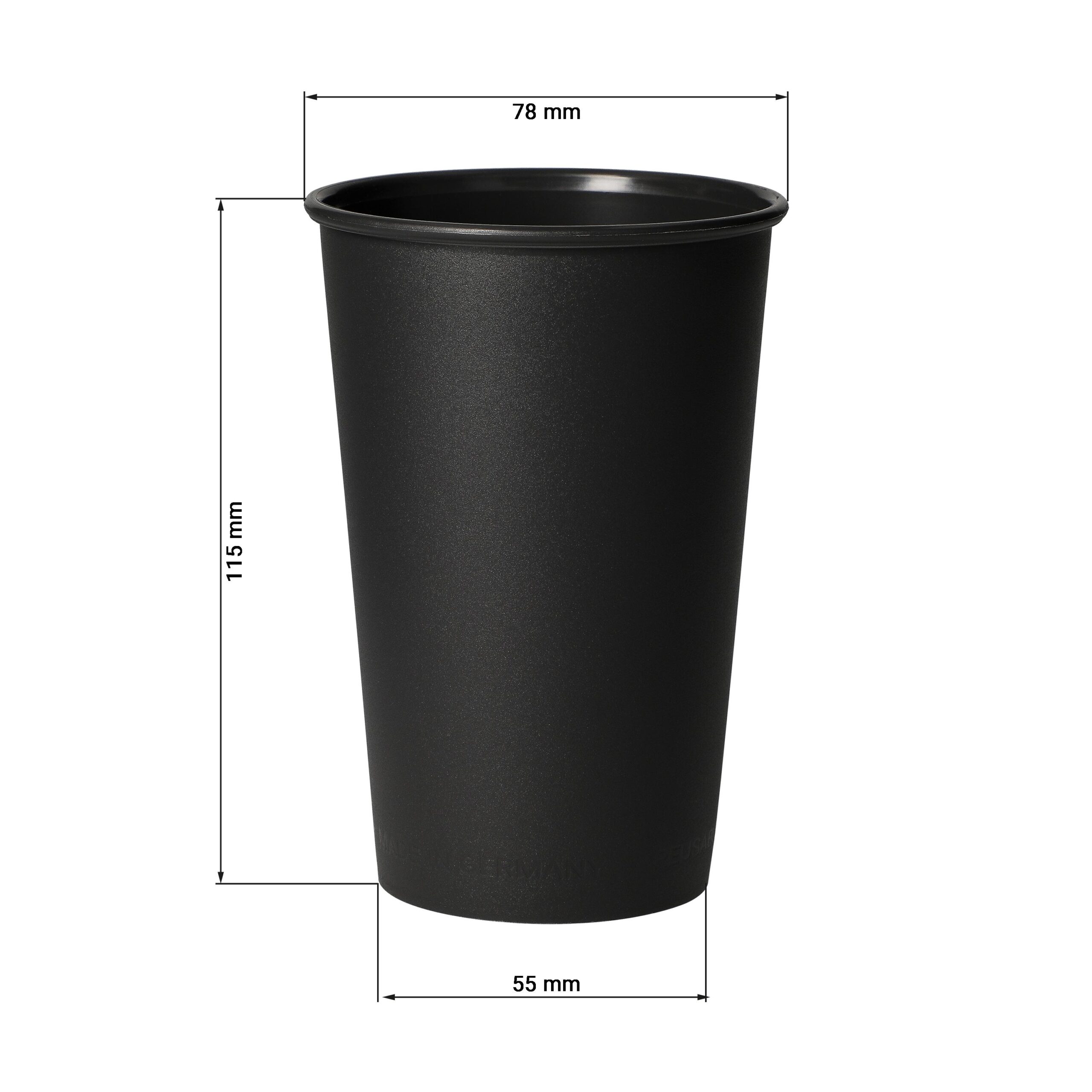 Schieferfarbener Trinkbecher aus Bio-Kunststoff mit Maßen.