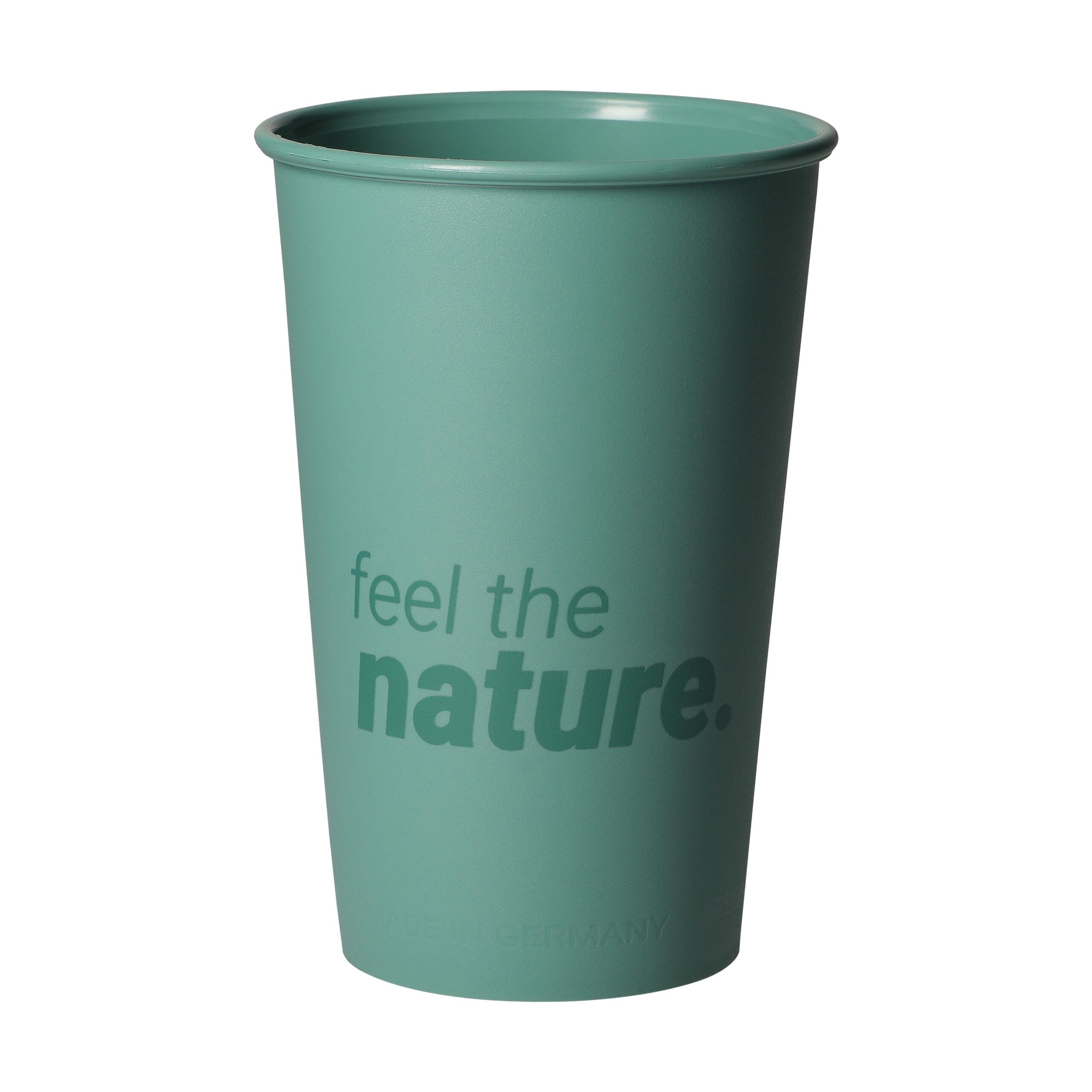 Klassischer grüner Trinkbecher mit Werbeaufdruck Schrift.