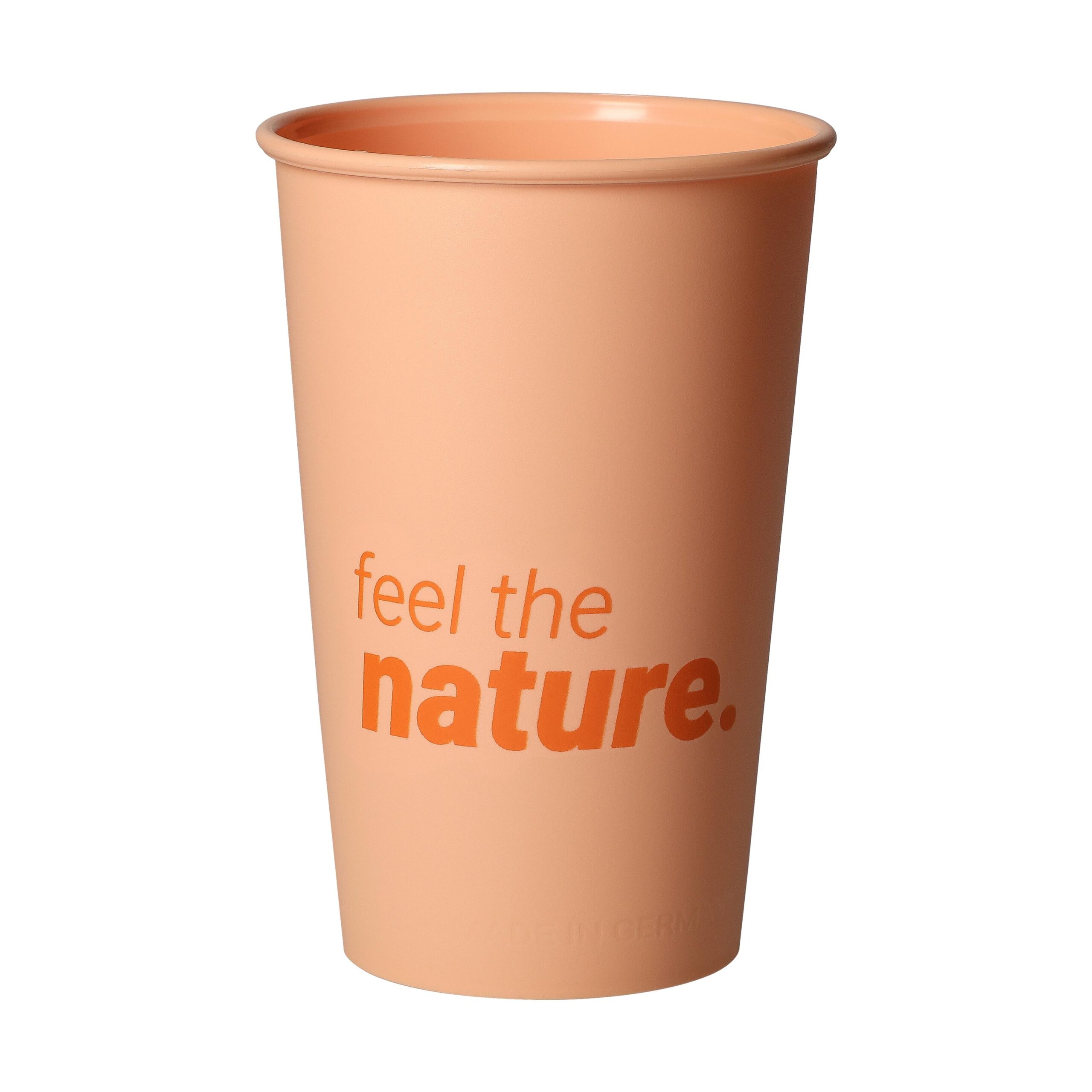 Klassischer pfirsichfarbener Trinkbecher mit Werbeaufdruck.