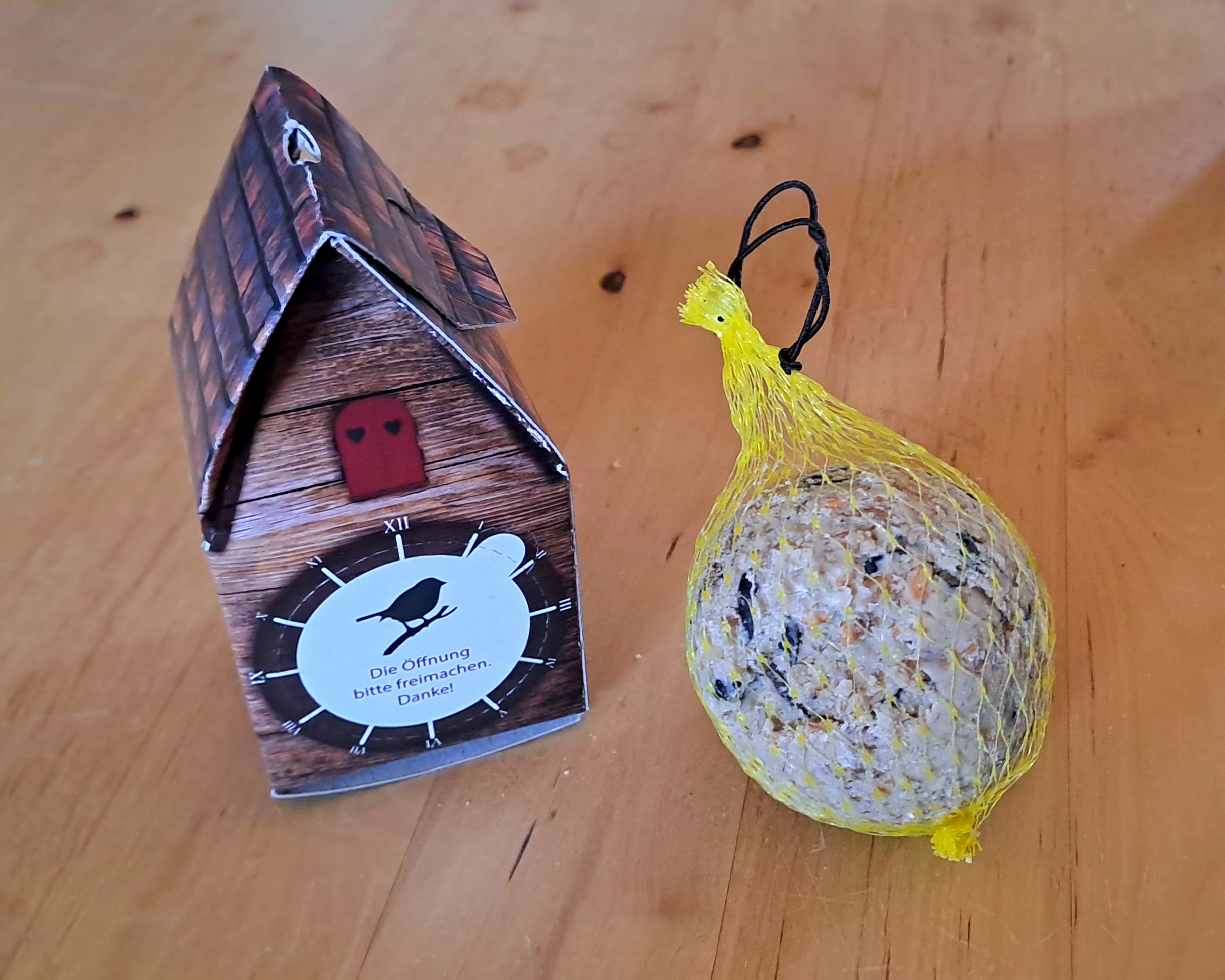 Kleines Futterhaus aus Karton mit Meisenknödel