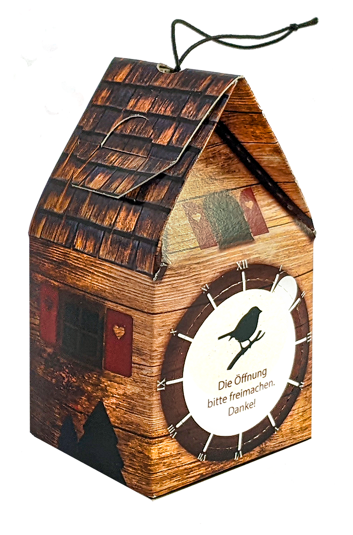 Vogelfutterhaus aus Recyclingkarton individuell bedruckt.