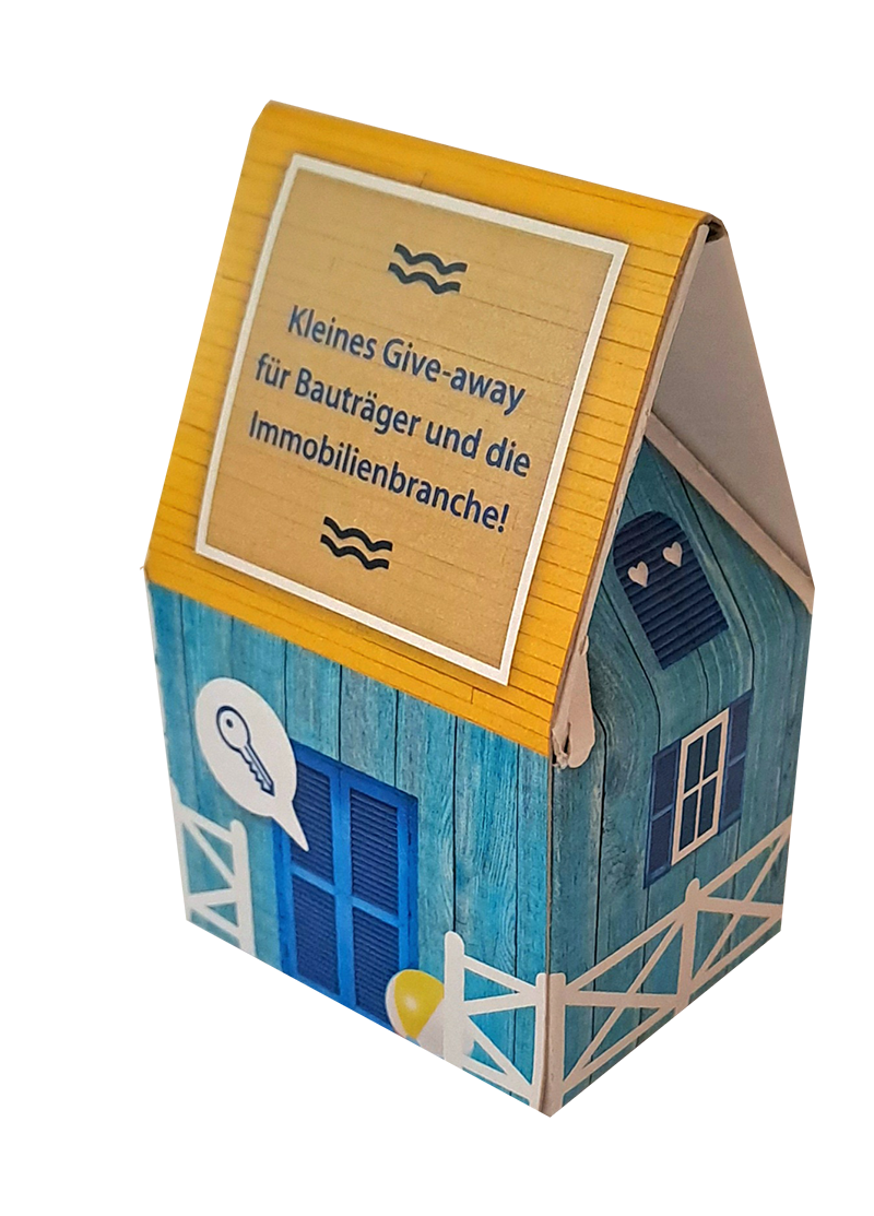 Kleine Geschenkverpackung in Haus-Form individuell bedruckt.