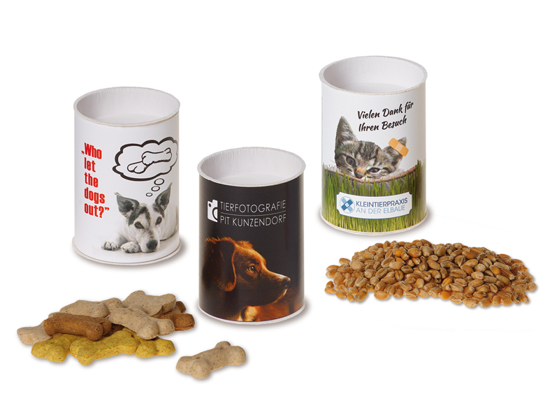 Werbedosen befüllt mit Hunde-Leckerli oder Katzengras-Samen