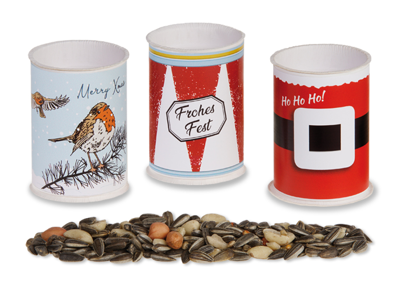 Nachhaltige Werbedose befüllt mit Wildfuttersamen und Werbebanderole