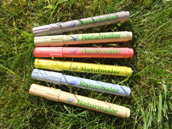 Sechs Naturmalstifte auf einer Wiese