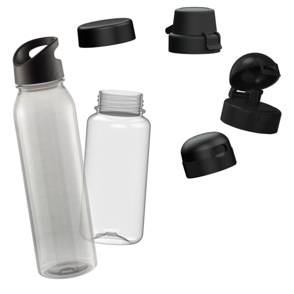 Recycelbare Trinkflasche durchsichtig mit verschiedenen Deckeln.