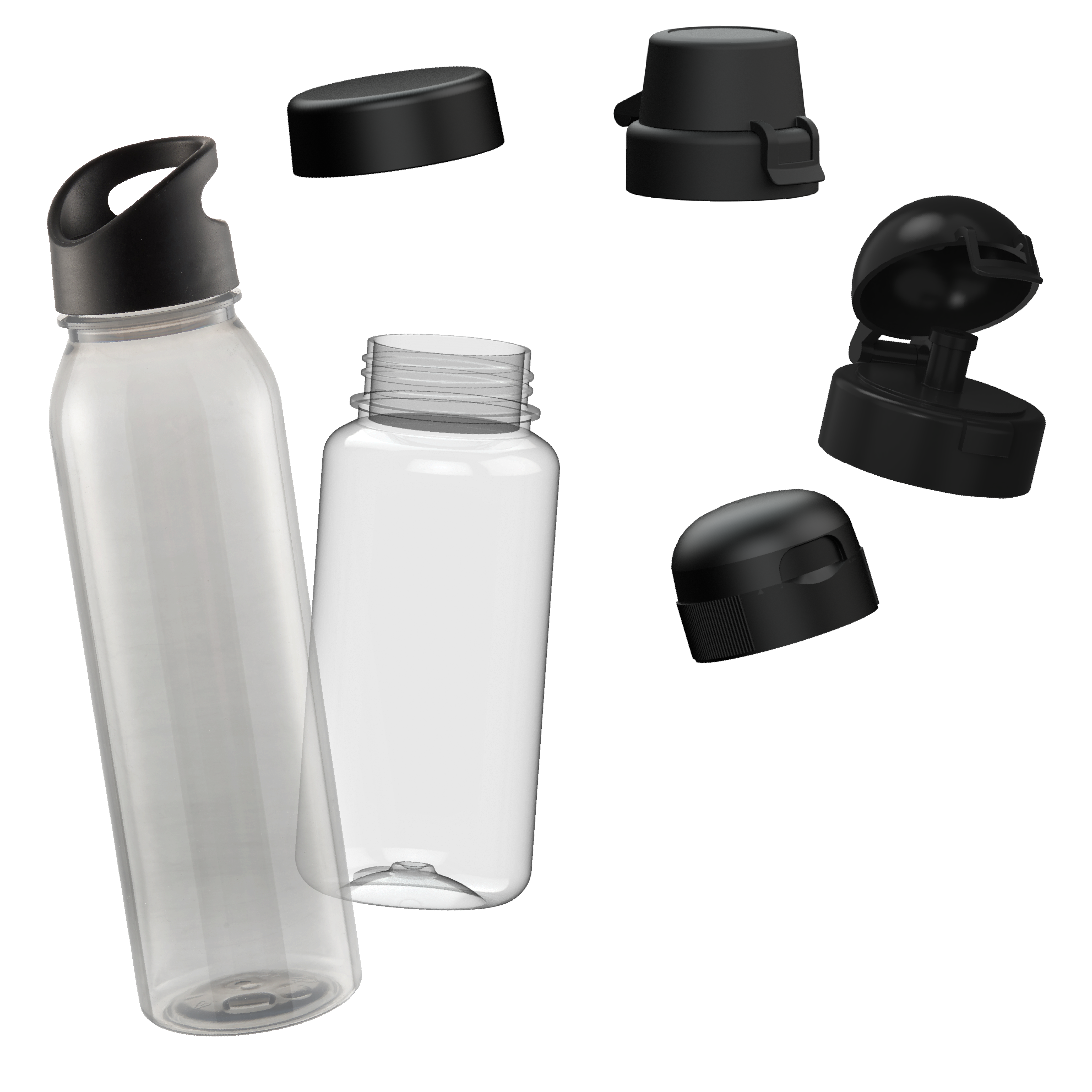 Recycelbare Trinkflasche durchsichtig mit verschiedenen Deckeln.