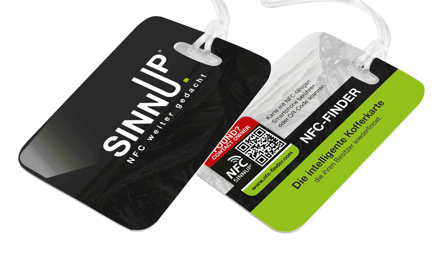 Zwei Kofferkarten mit NFC-Suchfunktion, Silikonanhänger und Werbeaufdruck.