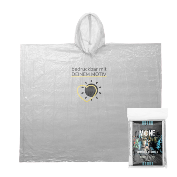 Transparenter Recycling-Regenponcho BIRGIT mit Logodruck auf der Brust.