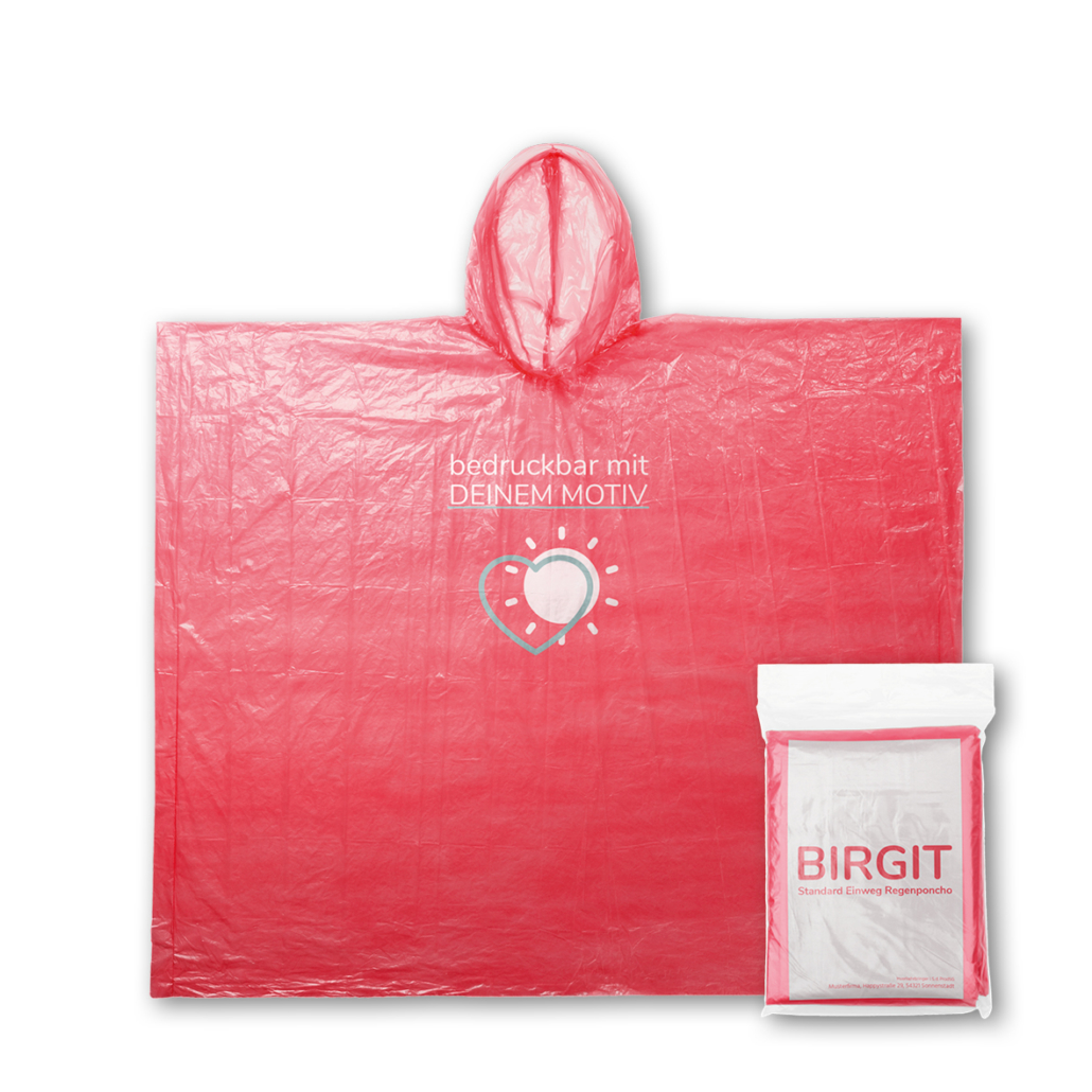 Recycling Regenponcho mit Logodruck auf der Brust und in der Farbe Rot.