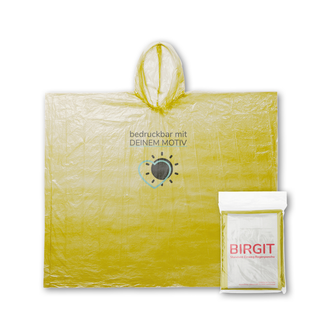 Recycling Regenponcho mit Logodruck auf der Brust in Farbe Gelb.