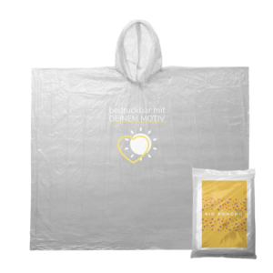 Geöffneter Bio-Regenponcho JÜRGEN mit Logodruck auf dem Poncho.