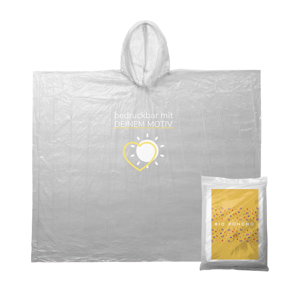 Geöffneter Bio-Regenponcho JÜRGEN mit Logodruck auf dem Poncho.