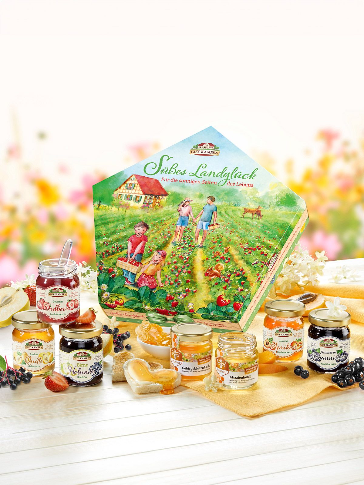 Sechs verschiedene Konfitüren in Geschenkverpackung.