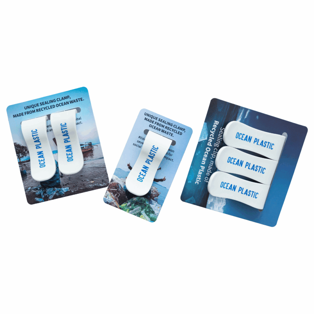 Verpackungsclips OCEAN in drei verschiedenen Verpackungseinheiten auf Trägerkarte.