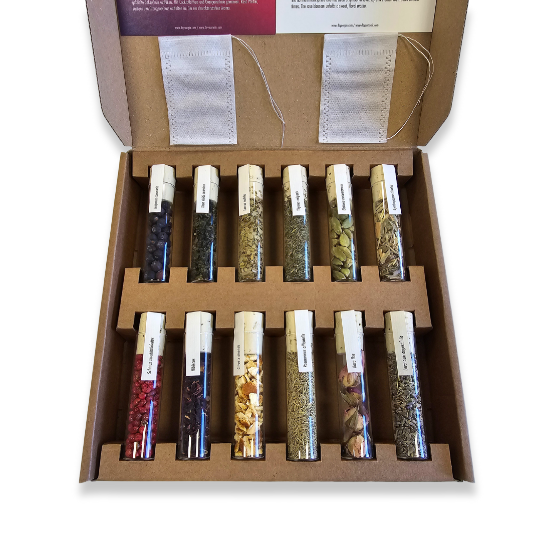 GIN Gewürzaromen-Set in einer Geschenkverpackung.