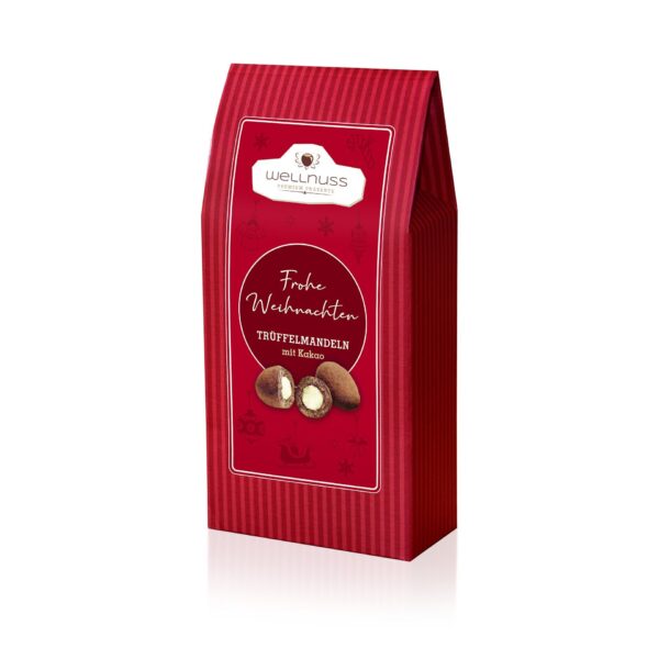 Köstliche Trockenfrüchte in MAXI Faltschachtel rot mit Aufkleber.