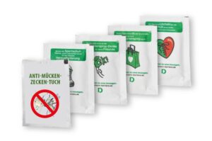 Fünf Anti-Mücken-Zecken-Tücher in bedruckter Verpackung