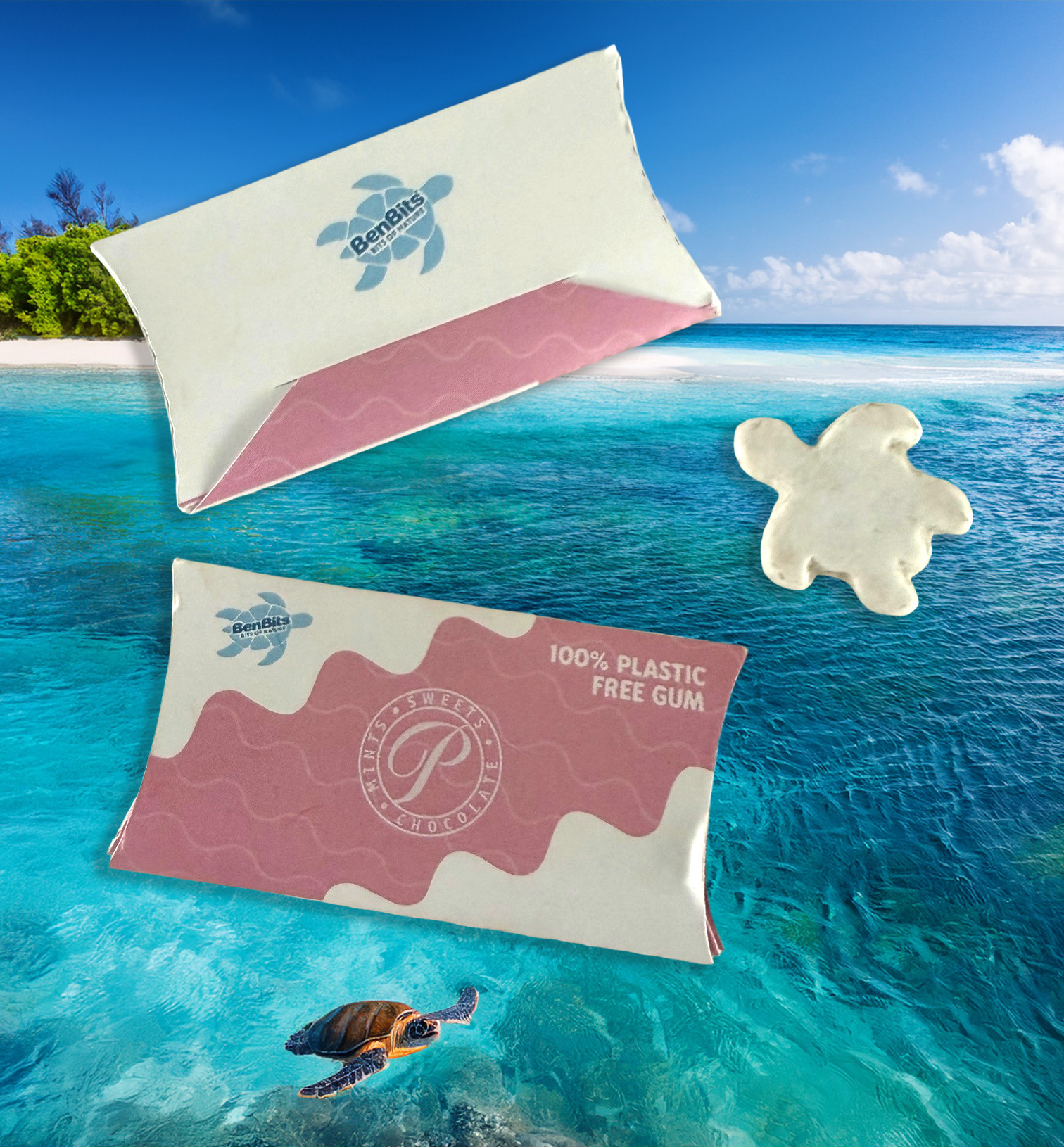 Plastikfreier Kaugummi in Schildkröten-Form und Kissenverpackung