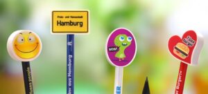 Aufsteckradierer in vier verschiedenen Formen mit Werbeaufdruck