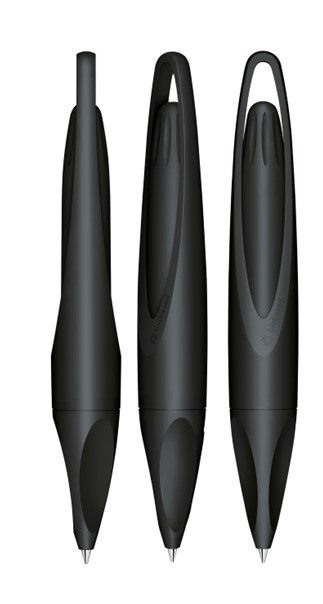 Drei schwarze Bio-Drehkugelschreiber Melbi mit praktischer Aufhängung.