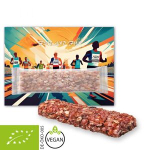 Bio-Müsliriegel Himbeer auf individuell bedruckter Trägerkarte