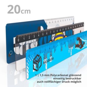 Drei flache Lineale mit Werbeaufdruck.