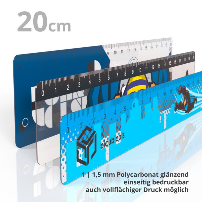 Drei flache Lineale mit Werbeaufdruck.