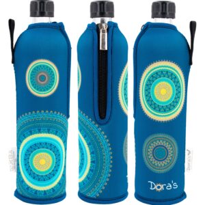 Drei Glasflaschen mit bedrucktem Neopren-Bezug