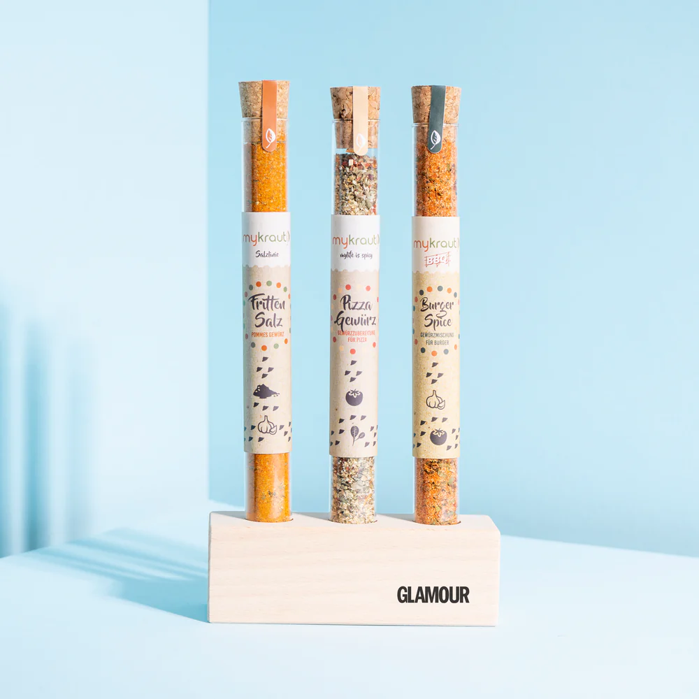 Gewürz- und Teemischungen im Reagenzglas und Holzaufsteller Geschenkset