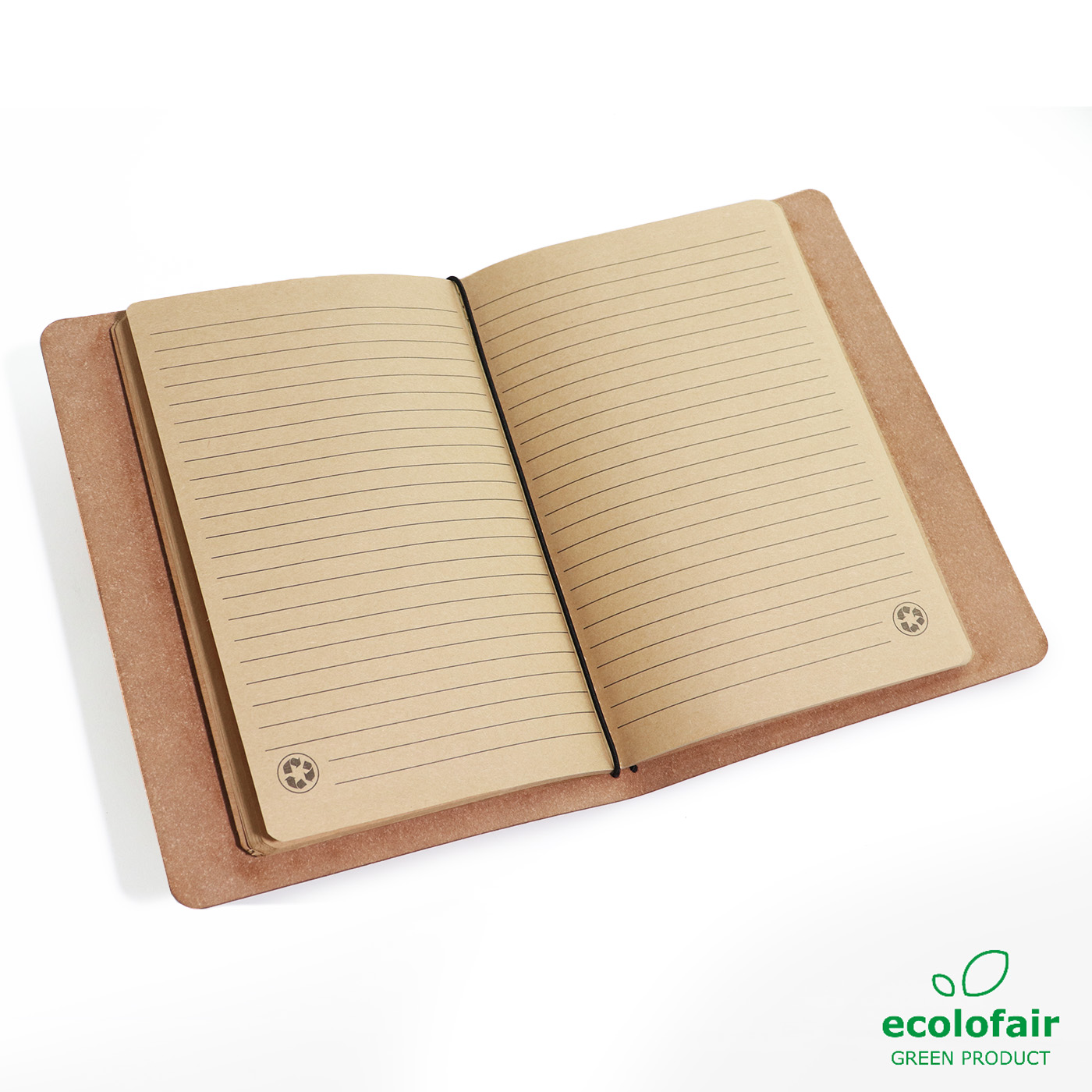 Notizbuch aus Recycling-Materialien aufgeschlagen in Farbe braun.
