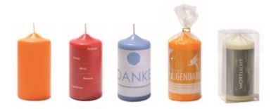 Kerzen in verschiedenen Farben mit Logo und bedruckter Banderole
