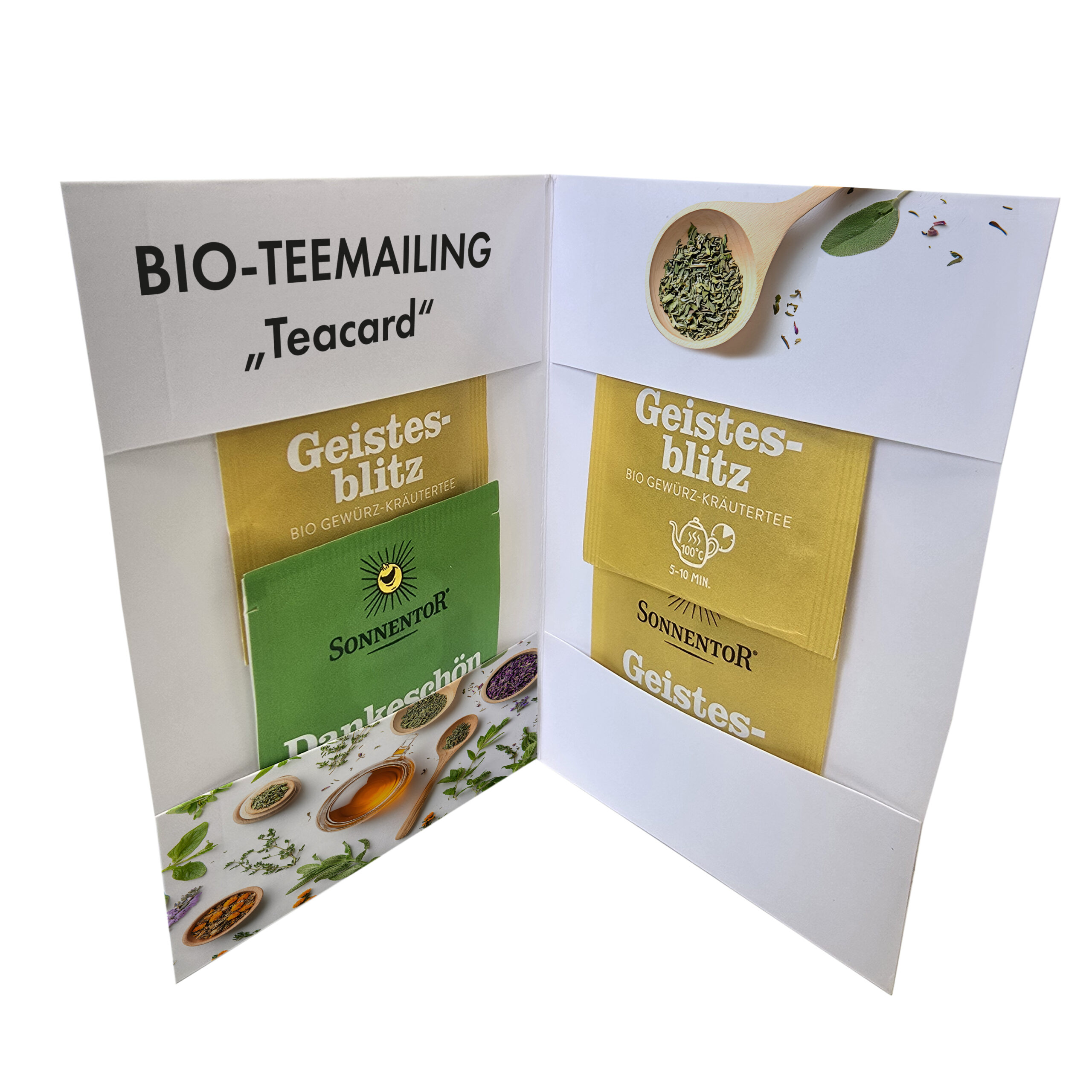 Teacard-Mailing mit 4 Sorten Sonnentor-Tee geöffnet.