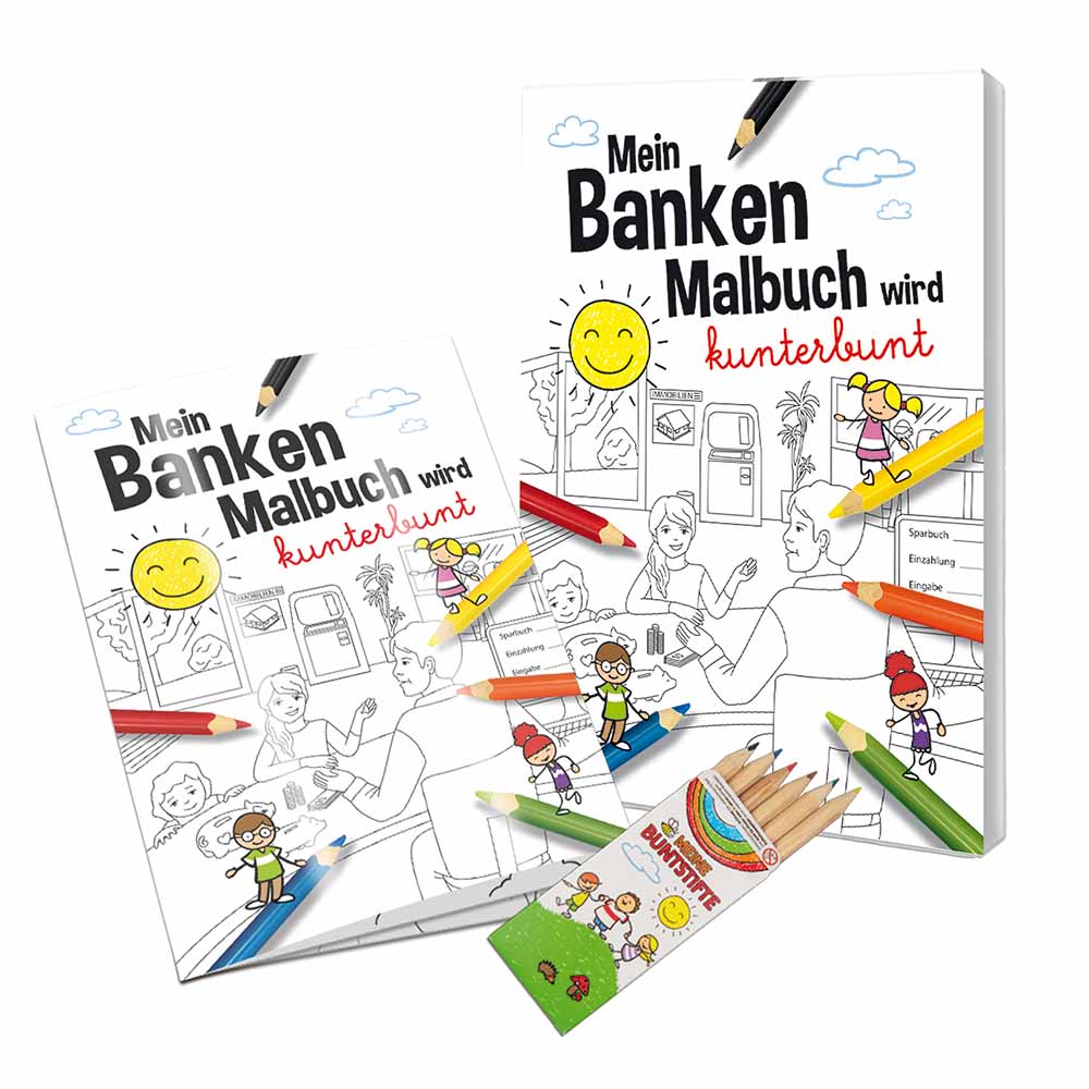 Banken-Malbuch im Set mit Buntstiften und Mappe