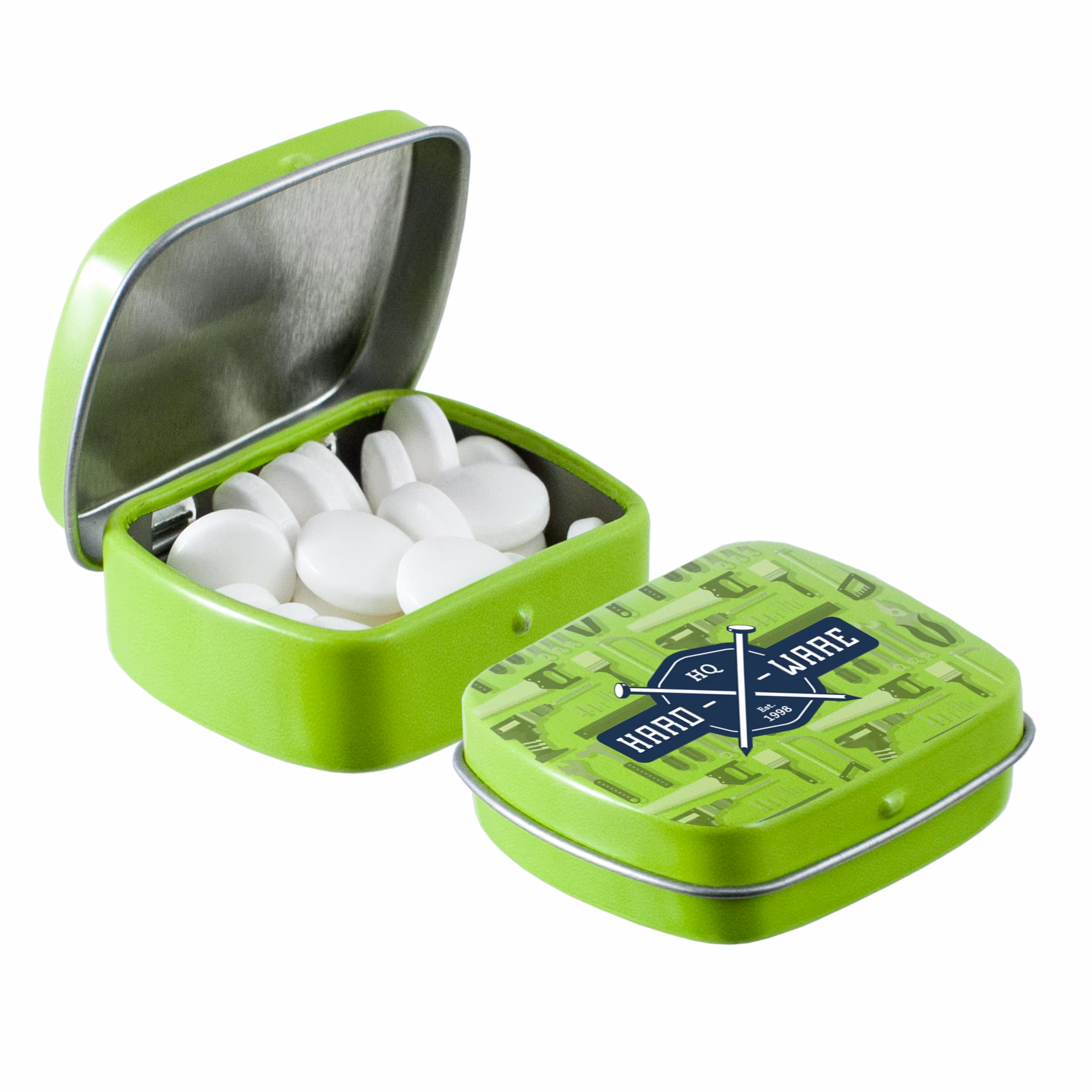 Mikrokleine Klappdeckeldose Limettengrün befüllt mit Pfefferminzbonbons